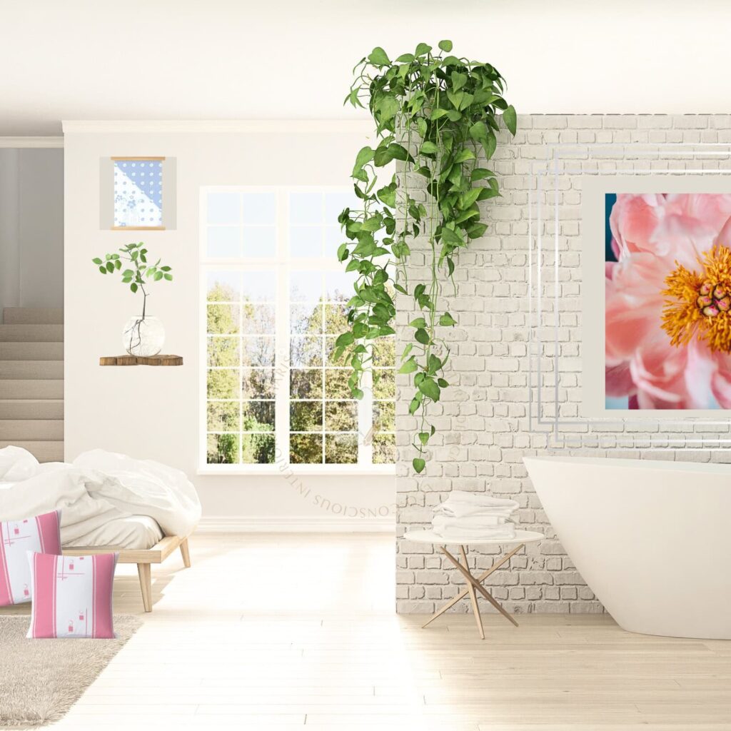 Refresh your home with a serene and peaceful presence. Each item is chosen with purpose to evoke an atmosphere that soothes the soul and uplifts you. It is expressed with natural elements to include the partition white brick wall, healthy greenery, botanical wall art and simple modern furnishings. Splashes of pinks and neutral color is expressed and balanced throughout the space. A large picture window allows natural light to flow with ease. It's an inviting space to begin and end each day with heartfelt thoughts and feelings that nourish the soul. By Charisse Marei