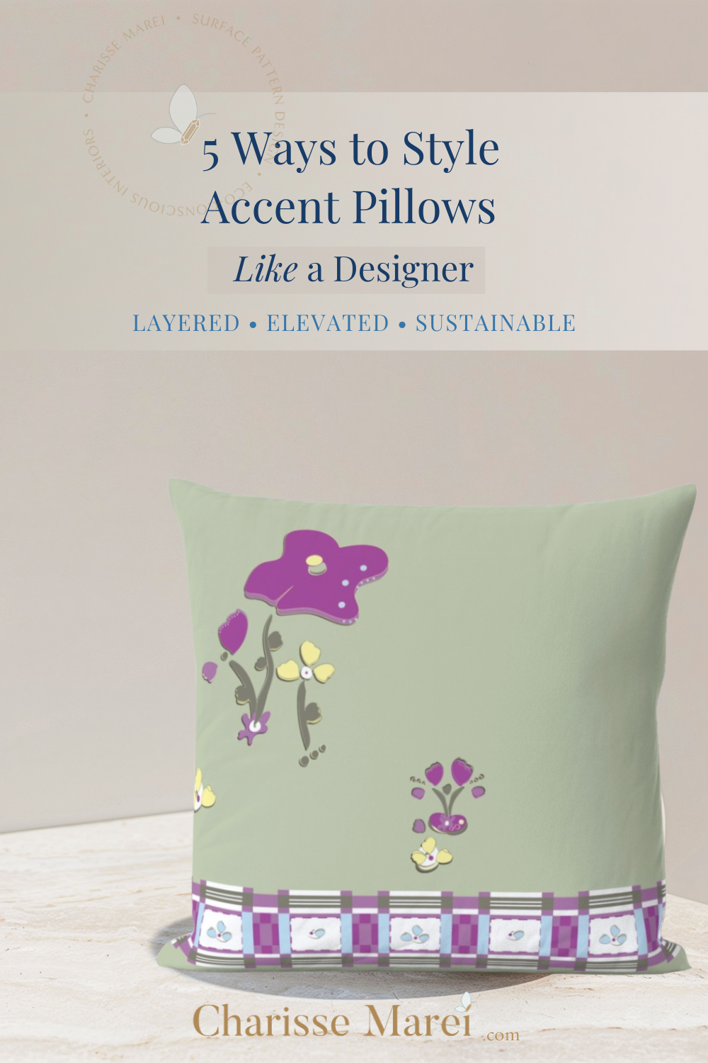 Floral accent pillow with plaid trim on sage green background styled for modern home decor blog cover