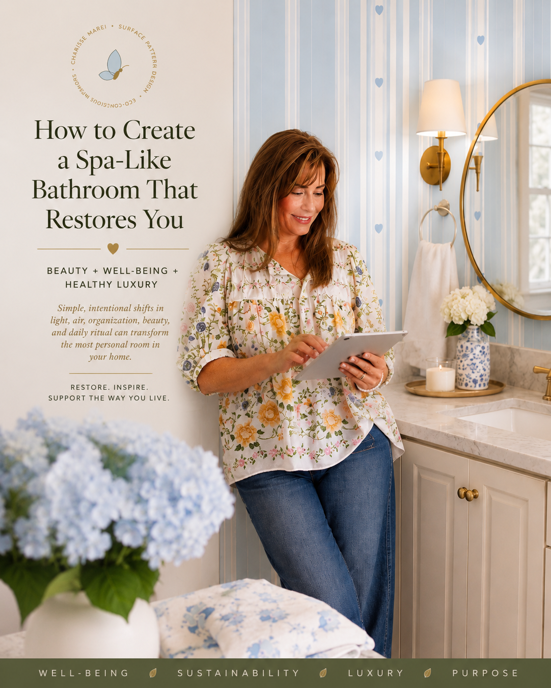 Charisse Marei in a spa-like bathroom featuring Petal Hearts & Clover wallpaper, creating a healthy, restorative space.