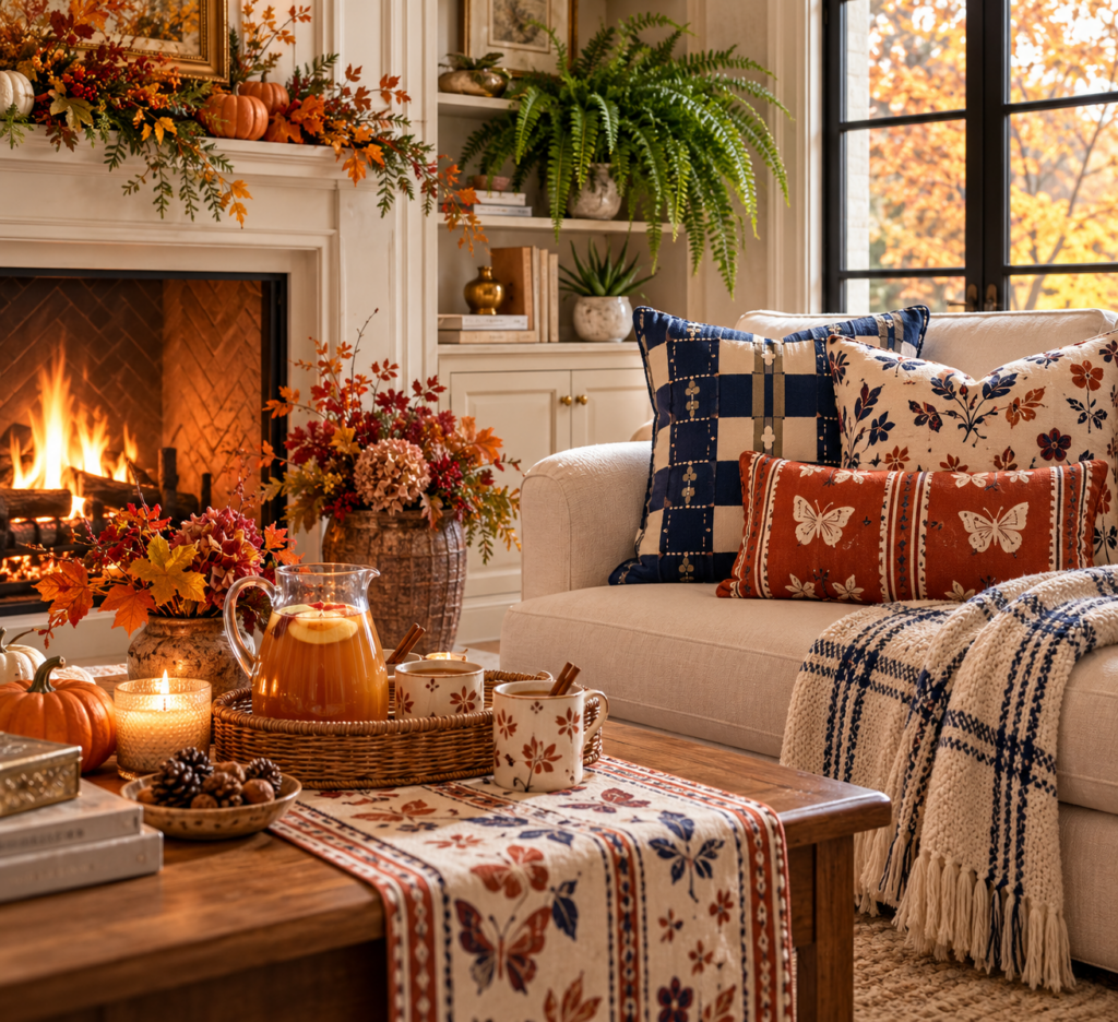 Cozy autumn living room with a crackling fireplace, a cream sofa layered with navy check, botanical, and butterfly pillows from the Wander & Weave Collection, a plaid throw, and a butterfly table runner on a wooden coffee table set with apple cider and mugs.