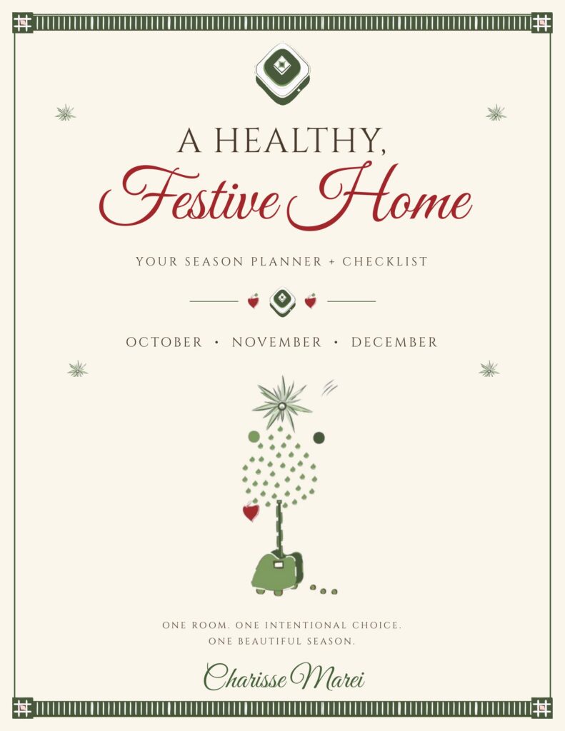 Cover of A Healthy, Festive Home: Your Season Planner + Checklist by Charisse Marei, featuring her original topiary tree, heart, and medallion pattern motifs, with a striped green border, for October, November, and December.